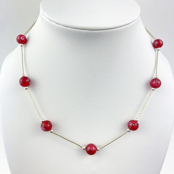 NWOT Sterling Silver 925 Red Floral Design Glass Bead Station Necklace 16" - Picture 1 of 6